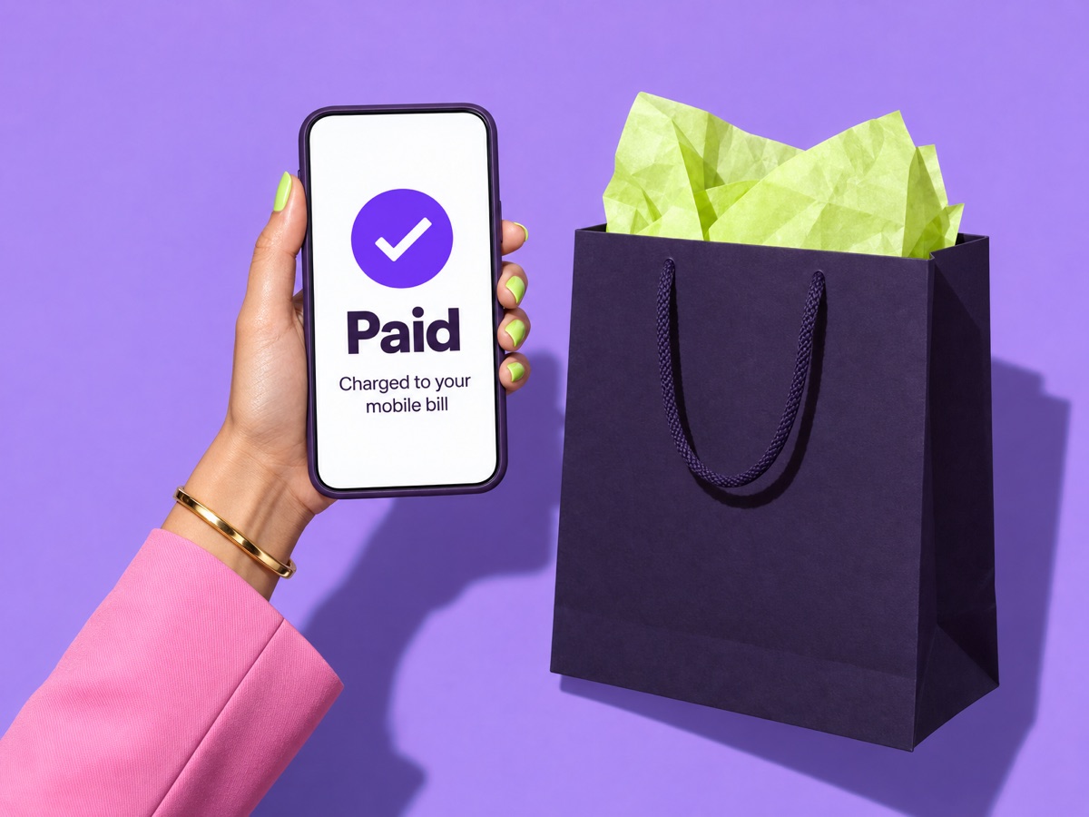 Hand holding a phone showing a payment confirmation next to a shopping bag.