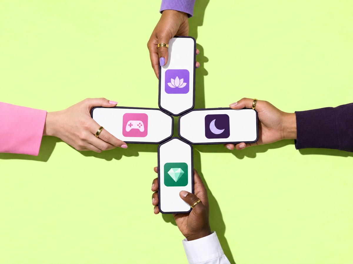 Four hands bringing phones together at the center, each showing a different app.