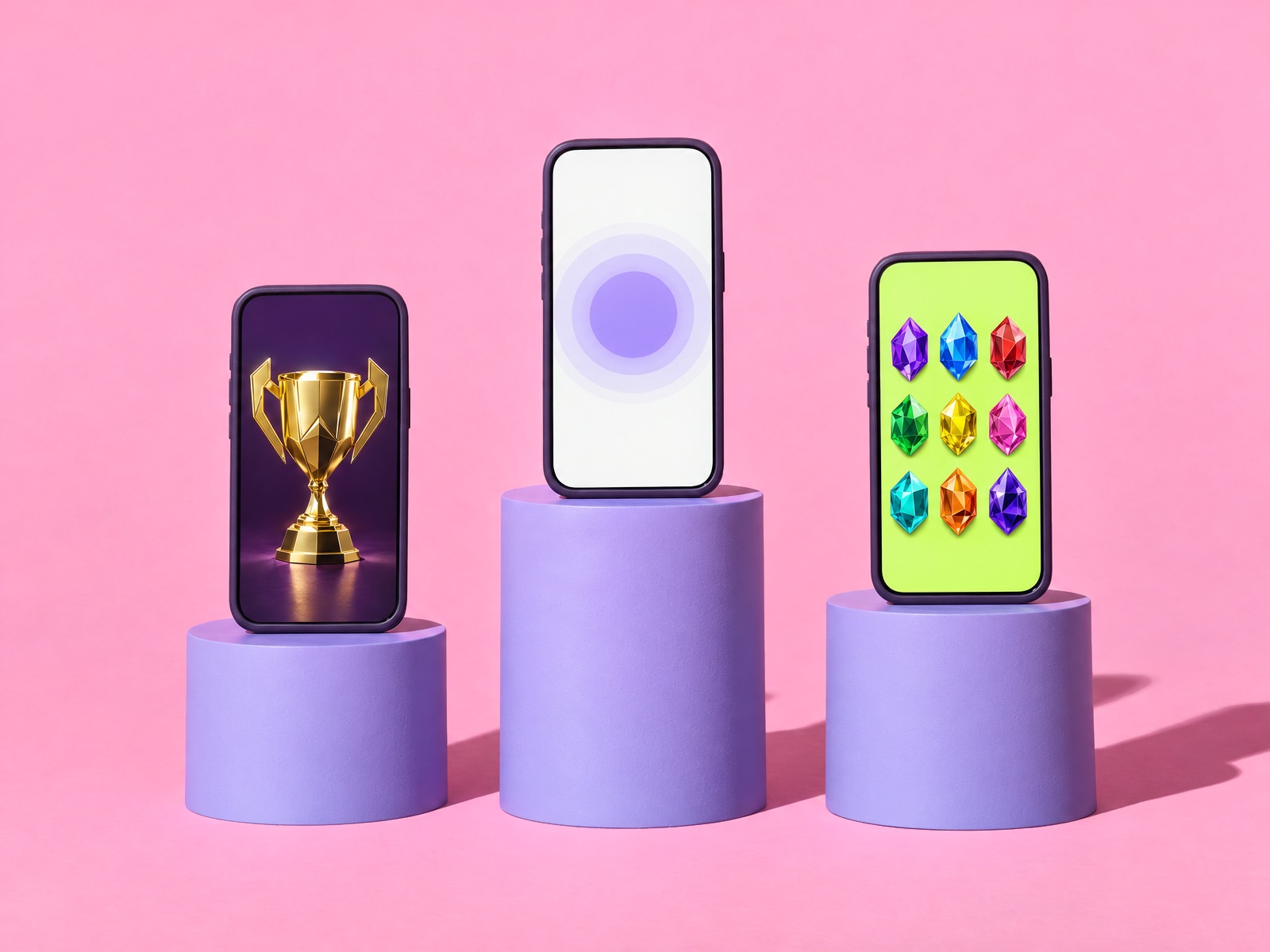 Three phones on pedestals, each showing one of Opratel's own apps: esports, meditation and a game store.