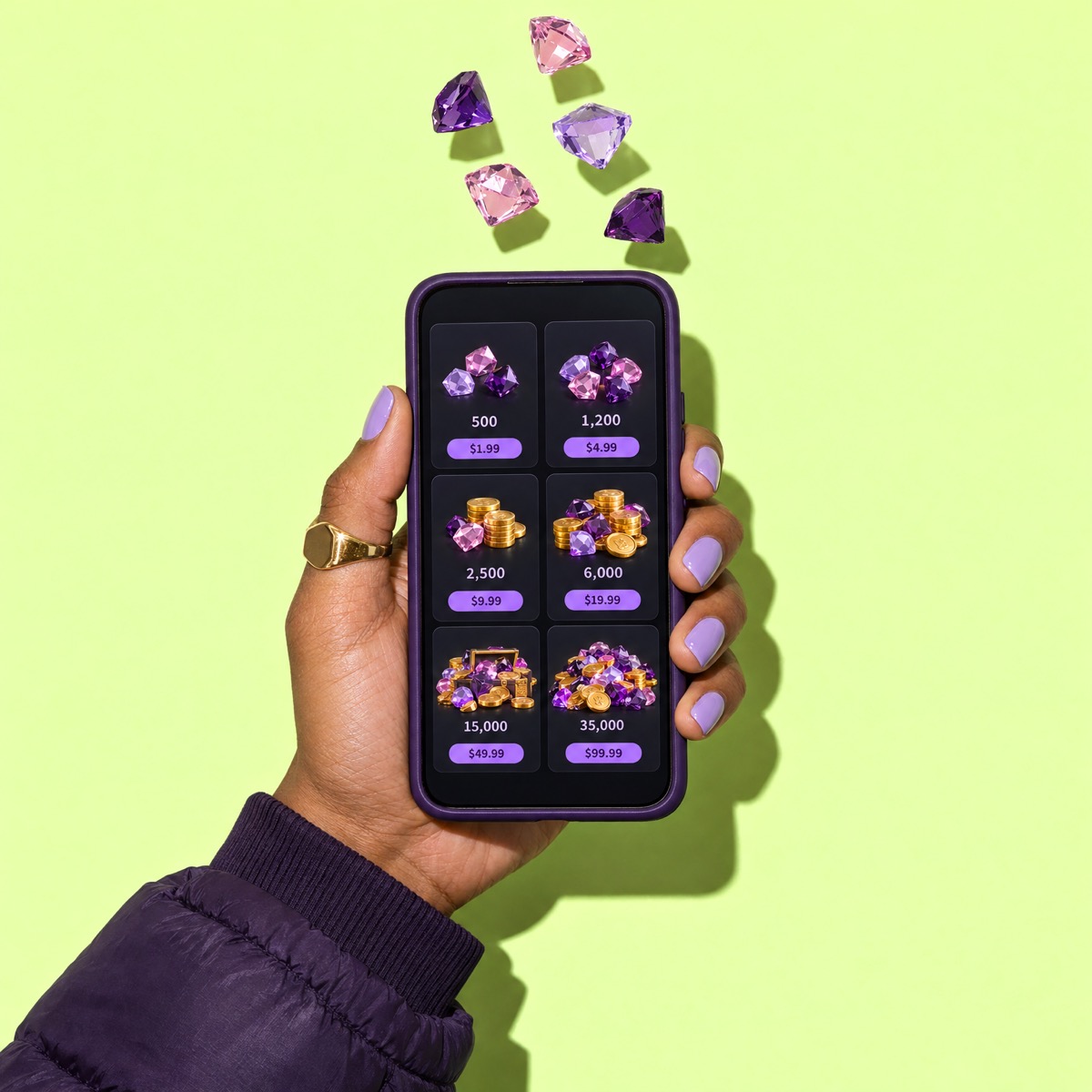 Hand holding a phone with the Diggo game-currency store, gems flying above it.